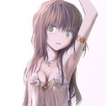  1girl arm_up armlet armpits bare_shoulders blush breasts brown_hair cleavage green_eyes jewelry long_hair necklace original parted_lips simple_background solo ssi tears 