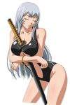  breasts chouun_shiryuu female ikkitousen katana large_breasts long_hair official_art solo swimsuit sword white_hair 