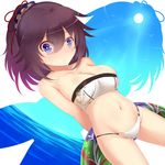  arms_behind_back bandeau bikini blue_eyes blush breasts brown_hair groin holding innertube large_breasts looking_at_viewer original solo sts sun swimsuit water wet 