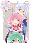  animal_ears blue_eyes blush cat_ears cat_tail closed_eyes dog_days dog_ears dog_girl dog_tail eclair_martinozzi green_hair haribote_(tarao) leonmitchelli_galette_des_rois millhiore_f_biscotti multiple_girls petting pink_hair tail white_hair yellow_eyes 