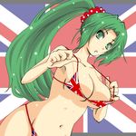  adjusting_clothes adjusting_swimsuit bikini breasts british green_eyes green_hair hair_ornament higurashi_no_naku_koro_ni kasetsu large_breasts navel ponytail solo sonozaki_mion swimsuit union_jack 