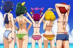  aoki_reika ass awa bikini blonde_hair blue_hair bracelet denim denim_shorts double_bun frilled_bikini frills from_behind green_hair hair_bun hairband hino_akane_(smile_precure!) hoshizora_miyuki jewelry kise_yayoi long_hair midorikawa_nao multiple_girls panties pink_hair ponytail precure red_hair short_hair shorts smile_precure! striped striped_bikini striped_swimsuit swimsuit thigh_gap thong thong_bikini underwear white_hairband 