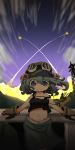  1girl blue_eyes blue_hair gloves goggles goggles_on_headwear hair_bobbles hair_ornament hat highres kawashiro_nitori key_necklace launching midriff navel onaji_(sokudo_seigen) rocket smile tank_top touhou transmission_tower 