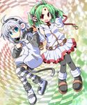  alfa_(ponkotsu-robo) blue_eyes borrowed_character green_hair headphones highres holding_hands multiple_girls original red_eyes short_hair smile striped striped_legwear thighhighs yashiro_(lockheart) yuuhi_alpha 