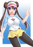  blue_eyes blush breasts brown_hair double_bun hazuki_(etcxetc) large_breasts legwear_under_shorts long_hair looking_at_viewer mei_(pokemon) open_mouth pantyhose pokemon pokemon_(game) pokemon_bw2 raglan_sleeves shorts solo twintails 