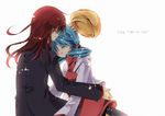  1girl bangs blue_hair closed_eyes couple crystal_(pokemon) english hat headwear_removed hetero hug long_hair pokemon pokemon_(game) pokemon_gsc red_hair silver_(pokemon) smile t-inababa twintails white_background 