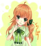  ? ahoge ascot brown_hair character_name creeper finger_to_chin green_eyes hair_ornament head_tilt hiyori_(kk12ary) long_hair minecraft open_mouth personification ribbon solo 