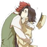  1girl ? artist_request baccano! black_hair blush chane_laforet claire_stanfield couple gloves hat hat_removed headwear_removed hetero hug lowres red_hair short_hair simple_background source_request sweatdrop vest white_background white_gloves 
