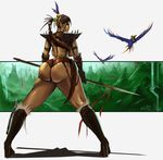  big_breasts big_butt bird breasts brown_hair butt ear_piercing elf female hair looking_at_viewer looking_back lucien outside piercing 