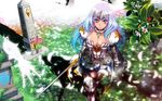  annelotte armor armored_dress artist_request blue_eyes blue_hair choker collarbone cross gauntlets highres queen's_blade shield solo sword tombstone wallpaper weapon 