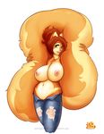  anthro big_breasts big_tail breasts brown_hair clothing female fluffy fluffy_tail freckles fur green_eyes hair hi_res jeans lips looking_at_viewer mammal navel nipples orange orange_fur penny_flynn plain_background pose pussy rodent short_hair solo squirrel standing topless torn_clothing undressing voluptuous white_background wide_hips yellow zaftigbunnypress 