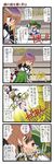  4koma arm_grab arm_ribbon blonde_hair blush clenched_teeth comic crowd dei_shirou detached_sleeves face-to-face frog_hair_ornament gradient_hair green_hair grey_eyes hair_ornament highres hijiri_byakuren kochiya_sanae long_hair midriff multicolored_hair multiple_girls navel one_eye_closed open_mouth purple_hair ribbon running shirt skirt smile snake sparkle sweat teeth touhou translated wrestling_outfit wrestling_ring 