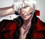  blue_eyes cross_(togano) dante_(devil_may_cry) devil_may_cry devil_may_cry_4 flower male_focus mouth_hold realistic red_flower red_rose rose solo white_hair 