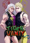  barnaby_brooks_jr blonde_hair cream_(stand) dio_brando fusion jojo_no_kimyou_na_bouken leotard logo long_hair mamegohan multiple_boys parody red_eyes stardust_crusaders the_world tiara tiger_&amp;_bunny vanilla_ice white_hair wild_tiger yellow_eyes 