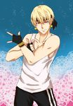  bad_id bad_pixiv_id bandana blonde_hair earrings eriko71 fate/zero fate_(series) fingerless_gloves gilgamesh gloves headband jewelry red_eyes sensha_otoko short_hair tank_top tsuki_ni_kawatte_oshioki_yo 