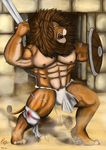  bandage biceps blood feline gladiator lion loincloth male mammal muscles neverkilled pecs scar shield solo sword unknown_artist vein veins warrior weapon 