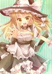  :d bad_id bad_pixiv_id blonde_hair bow braid choker hat hat_bow hat_ribbon kirisame_marisa long_hair open_mouth outstretched_arm ribbon single_braid smile solo star striped striped_background tamagogayu1998 touhou vertical-striped_background vertical_stripes white_bow witch_hat yellow_eyes 