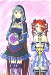  amy_sorel artist_name bare_shoulders breasts choker claw_(weapon) cleavage detached_sleeves drill_hair frills garter_straps hair_over_one_eye jewelry kagiake marker_(medium) medium_breasts multiple_girls necklace orb pearl rapier red_eyes red_hair silver_hair skirt soulcalibur soulcalibur_iv soulcalibur_v sword thighhighs traditional_media twin_drills twintails viola_(soulcalibur) weapon 