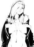  breasts center_opening from_below fullmetal_alchemist greyscale hair_over_one_eye hyouju_issei large_breasts lips long_hair monochrome navel olivier_mira_armstrong open_clothes simple_background solo upper_body white_background 