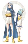  blue_hair boots breast_envy breasts cape circlet dragon_quest dragon_quest_iii dress dual_persona elbow_gloves gloves large_breasts long_hair red_eyes sage_(dq3) shoe-ji short_hair sweatdrop younger 