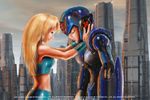  1boy 1girl blonde_hair blue_eyes capcom crossover metroid nintendo program-00x rockman rockman_x samus_aran x x_(rockman) 