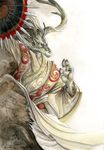  alectorfencer asian chinese_dragon dragon fan male melee_weapon plain_background solo white_background 