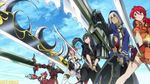  4boys bare_shoulders belt black_hair blue_sky buckle chain cloud crossover day foreshortening fringe_trim from_below gemini_sunrise gloves god_eater god_eater_burst group_picture group_profile hood huge_weapon lineup long_hair multiple_boys multiple_crossover multiple_girls nanbu_kaguya profile project_x_zone red_hair rockman rockman_x sakura_taisen sakura_taisen_v sanger_zonvolt silver_hair sky soma_schicksal spread_legs standing sunrise_stance super_robot_wars super_robot_wars_og_saga_mugen_no_frontier super_robot_wars_original_generation sword tales_of_(series) tales_of_vesperia thighhighs weapon yuri_lowell zero_(rockman) 