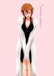  blush breast_squeeze breasts brown_eyes brown_hair cleavage cleavage_cutout collarbone embarrassed hokenshitsu_no_shinigami labcoat large_breasts open_mouth osuzu_akiomi pink_background saizaki_minori sidelocks sleeves_past_wrists solo translated v_arms 