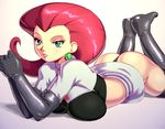  1girl apostle ass blue_eyes blush boots breasts earrings elbow_gloves eyelashes gloves large_breasts lying musashi_(pokemon) open_mouth panties pokemon red_hair skirt skirt_around_belly solo team_rocket thighhighs thong 
