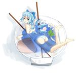  1girl bad_id bad_pixiv_id barefoot bikini blue_eyes blue_hair blush bow bowl chopsticks cirno elise_(piclic) food hair_bow highres ice ice_wings kamaboko looking_up narutomaki noodles open_mouth short_hair smile solo soumen striped striped_bikini swimsuit touhou water wings 