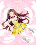  ;d arm_up brown_hair dress hairband hand_on_hip happa_(cloverppd) highres idolmaster idolmaster_(classic) long_hair looking_at_viewer minase_iori one_eye_closed open_mouth pink_eyes sleeveless sleeveless_dress smile solo vital_sunflower 