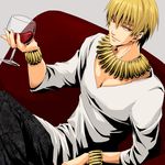  alcohol blonde_hair bracelet cup drinking_glass fate/zero fate_(series) gilgamesh high_contrast jewelry male_focus necklace red_eyes sitting solo wine wine_glass yuri_(freedom) 