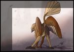  anus avian beak brown_feathers butt digitigrade female feral grey_background gryphon looking_at_viewer looking_back markings plain_background presenting presenting_hindquarters pussy raised_tail shadow socks_(marking) solo talons tuke wings 