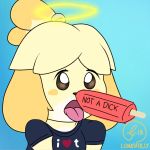  &lt;3 animal_crossing anthro blush canine censored clothed clothing creative_censorship dog english_text female food fur halo isabelle_(animal_crossing) lunasfolly mammal nintendo open_mouth popsicle shih_tzu simple_background solo_focus text tongue tongue_out tumblr video_games yellow_fur 
