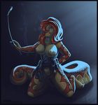  ball_gag belt breasts clothed clothing corset dominatrix female forked_tongue gag hair_over_eye handcuffs kneeling liara_(microphone) looking_at_viewer pussy reptile scalie shackles skimpy snake solo tongue tongue_out whip zambuka 