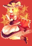  apron blonde_hair blush bow frills hat hat_bow hiyuu_(hiyualice) kirisame_marisa long_hair open_mouth puffy_sleeves red red_background red_eyes short_sleeves solo star star-shaped_pupils symbol-shaped_pupils touhou witch_hat 