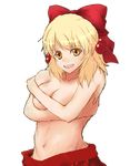  blonde_hair blush bow breast_hold breasts cleavage collarbone covering embarrassed hair_bow hair_ornament hair_ribbon large_breasts navel red_bow red_skirt ribbon satsuki_rin skirt solo stomach tareme topless touhou transparent_background upper_body yellow_eyes 