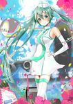  2012 aqua_eyes bare_shoulders blush elbow_gloves gloves hand_on_hip hatsune_miku heart holding keepout long_hair necktie petals postcard smile solo suitcase twintails very_long_hair vocaloid white_gloves 