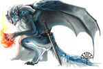  anthro black_scales blue_fur canine crouching dragon fur green_eyes hybrid kneeing magic mammal melee_weapon nude plain_background sword weapon white_background wings wolf 