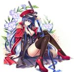  arm_support between_breasts black_legwear blue_hair blue_ribbon breasts cleavage detached_collar epaulettes floral_background flower garter_straps gladiolus hat high_heels holding katana large_breasts legs long_hair long_legs looking_at_viewer military military_uniform necktie necktie_between_breasts original peaked_cap purple_eyes red_footwear ribbon riv sheath sheathed shoes sitting smile solo strappy_heels sword thighhighs thighs uniform weapon 