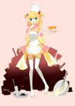 :q absurdres alternate_costume alternate_hairstyle apron bad_id bad_pixiv_id blonde_hair blue_eyes blush butter censored chef_hat eggshell food frying_pan hair_bobbles hair_ornament hat highres kagamine_rin knife looking_at_viewer mosaic_censoring pancake plate puffy_sleeves ribbon short_hair short_sleeves smile solo syrup temari_(deae) thighhighs tongue tongue_out toque_blanche twintails vocaloid weapon white_legwear zettai_ryouiki 