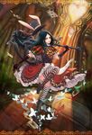  alice:_madness_returns alice_(wonderland) animal_ears black_hair boots bunny_ears card dress fake_animal_ears hat heart highres holding holding_knife knife leaf long_hair looking_at_viewer playing_card solo striped striped_legwear thighhighs yang_yang_(tigu) 