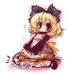  blonde_hair blush brown_eyes dress flying_sweatdrops hair_ribbon kurodani_yamame long_sleeves muuba open_mouth ribbon sitting skull solo touhou wariza 