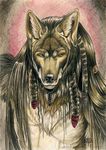  abstract_background alectorfencer anthro canine hair long_hair male mammal pencil pigtails portrait solo topless wolf 