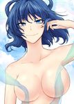  arm_up bad_id bad_pixiv_id blue_eyes blue_hair blue_sky breasts censored cloud collarbone day hagoromo hair_rings hand_in_hair kaku_seiga large_breasts looking_at_viewer naked_ribbon no_nipples nude ribbon shawl short_hair sky slit_pupils smile solo touhou upper_body yatsuhashi_kyouto 