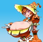  1girl blush breasts capcom gigantic_breasts hat highres histamine_c monster_hunter mosgharl_(armor) nightmare_(armor) pumpkin purple_eyes smile 