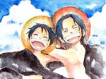  2boys black_hair blue_sky brother brothers cloud clouds flag hat jolly_roger male male_focus monkey_d_luffy multiple_boys one_piece open_mouth outdoors pirate pirate_flag portgas_d_ace siblings sky smile straw_hat topless traditional_media watercolor_(medium) 