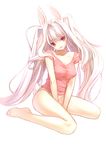  animal_ears bare_legs barefoot breasts bunny_ears bunny_tail cleavage highres light_smile lips long_hair looking_at_viewer medium_breasts nana_mikoto no_pants original panties red_eyes simple_background sitting solo tail twintails underwear very_long_hair white_background white_hair white_panties 