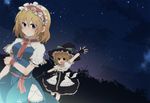  :d alice_margatroid aoi_(annbi) arm_up blonde_hair blue_eyes blush bow breasts broom capelet curiosities_of_lotus_asia fingerless_gloves gloves hairband hat hat_bow holding kirisame_marisa medium_breasts multiple_girls night night_sky open_mouth sky smile touhou witch_hat wrist_cuffs yellow_eyes 