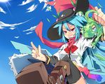  animal bad_id bad_pixiv_id blue_hair cloud cross-laced_footwear day food fruit grin hat hinanawi_tenshi kuon3795 leaf long_hair long_sleeves peach red_eyes red_scarf scarf sky smile solo sun touhou 